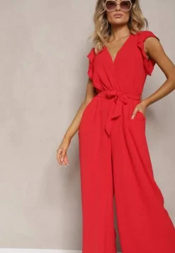 Czerwony Koktajlowy Kombinezon Wiązany Paskiem Wykończony Falbankami przy Ramionach Vimaseni