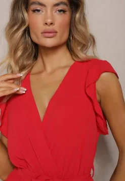 Czerwony Koktajlowy Kombinezon Wiązany Paskiem Wykończony Falbankami przy Ramionach Vimaseni