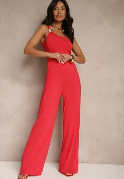 Czerwony Kombinezon Asymetryczny na Jedno Ramię z Długimi Nogawkami i Kieszeniami Efridelle