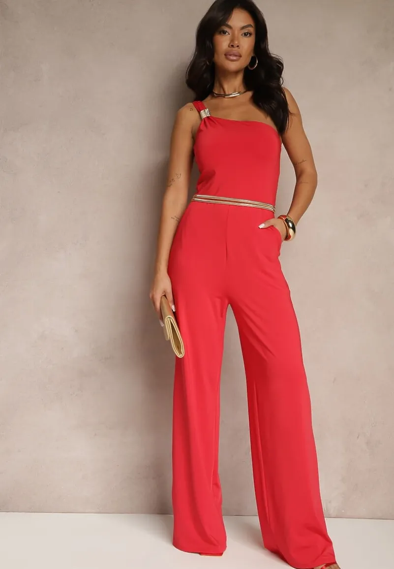 Czerwony Kombinezon Asymetryczny na Jedno Ramię z Długimi Nogawkami i Kieszeniami Efridelle