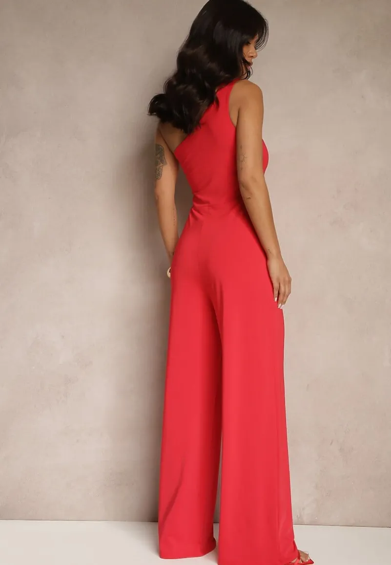 Czerwony Kombinezon Asymetryczny na Jedno Ramię z Długimi Nogawkami i Kieszeniami Efridelle