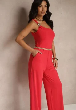 Czerwony Kombinezon Asymetryczny na Jedno Ramię z Długimi Nogawkami i Kieszeniami Efridelle