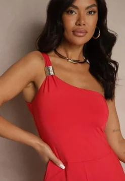 Czerwony Kombinezon Asymetryczny na Jedno Ramię z Długimi Nogawkami i Kieszeniami Efridelle