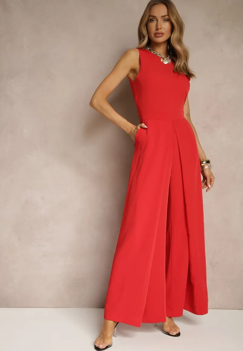 Czerwony Kombinezon Bez Rękawów z Nogawkami Wide Leg Noreldi