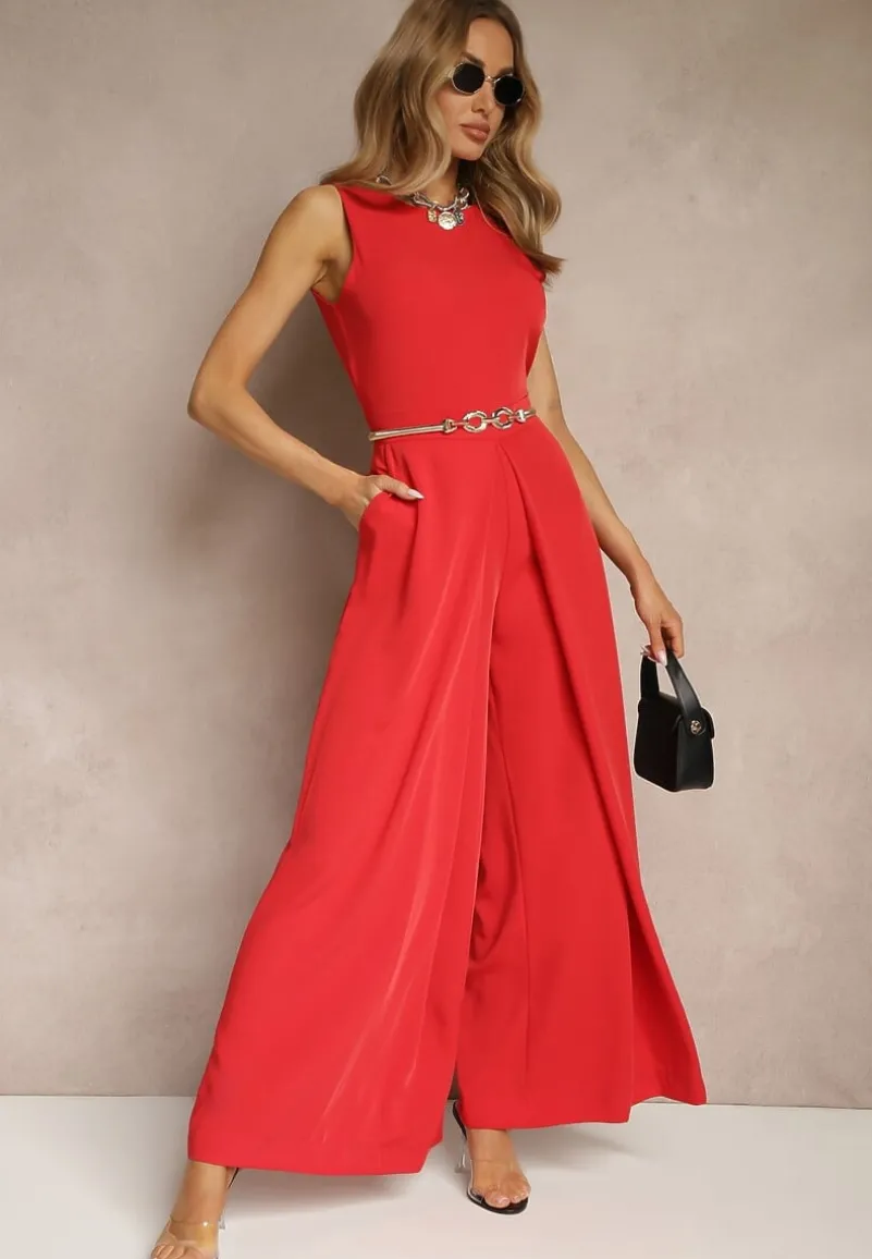 Czerwony Kombinezon Bez Rękawów z Nogawkami Wide Leg Noreldi