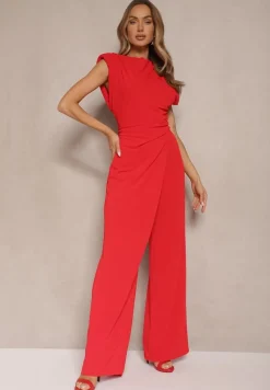 Czerwony Kombinezon Bez Rękawów z Szeroką Nogawką i Marszczeniem Sepellia