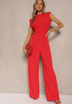 Czerwony Kombinezon Bez Rękawów z Szeroką Nogawką i Marszczeniem Sepellia
