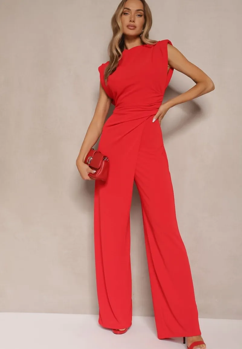 Czerwony Kombinezon Bez Rękawów z Szeroką Nogawką i Marszczeniem Sepellia