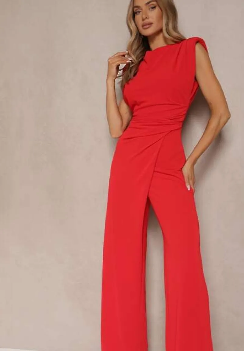 Czerwony Kombinezon Bez Rękawów z Szeroką Nogawką i Marszczeniem Sepellia