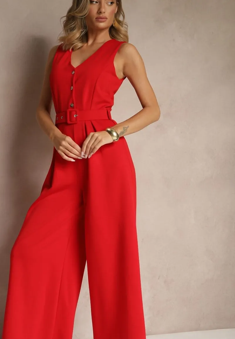Czerwony Kombinezon o Taliowanym Kroju z Wiskozą i Paskiem Raliorea
