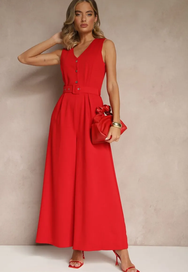 Czerwony Kombinezon o Taliowanym Kroju z Wiskozą i Paskiem Raliorea