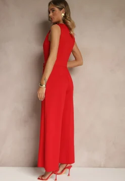 Czerwony Kombinezon o Taliowanym Kroju z Wiskozą i Paskiem Raliorea