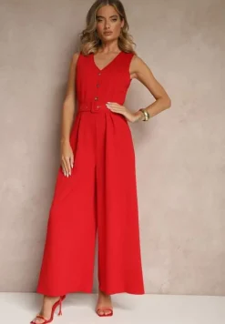 Czerwony Kombinezon o Taliowanym Kroju z Wiskozą i Paskiem Raliorea