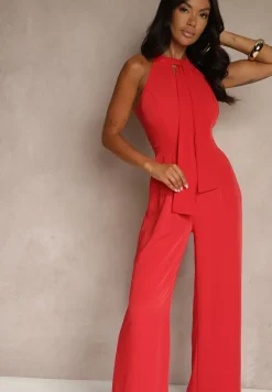 Czerwony Kombinezon Wide Leg z Ozdobnym Wiązaniem przy Szyi Silelia