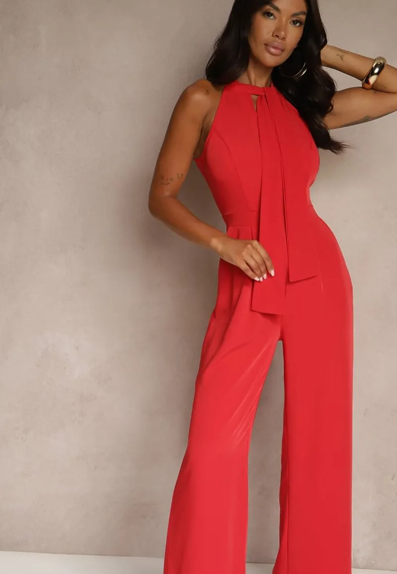 Czerwony Kombinezon Wide Leg z Ozdobnym Wiązaniem przy Szyi Silelia