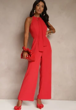 Czerwony Kombinezon Wide Leg z Ozdobnym Wiązaniem przy Szyi Silelia