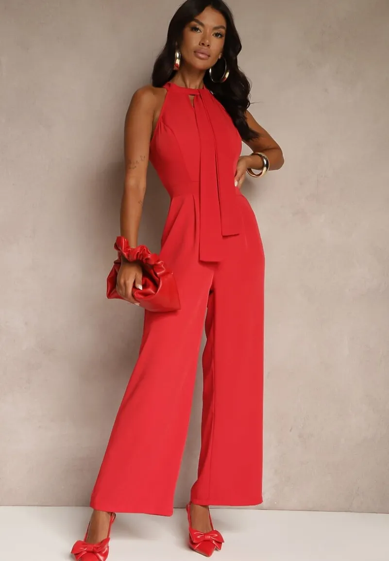 Czerwony Kombinezon Wide Leg z Ozdobnym Wiązaniem przy Szyi Silelia