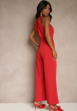 Czerwony Kombinezon Wide Leg z Ozdobnym Wiązaniem przy Szyi Silelia