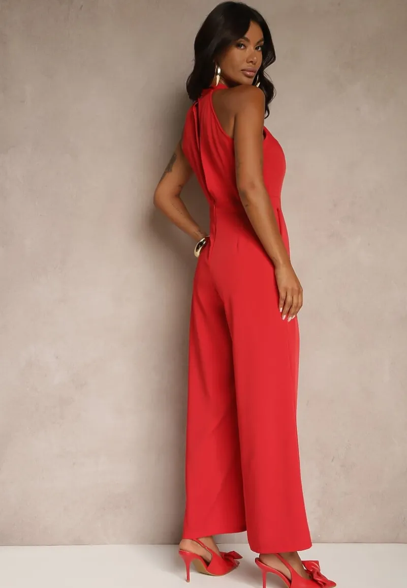Czerwony Kombinezon Wide Leg z Ozdobnym Wiązaniem przy Szyi Silelia