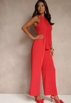 Czerwony Kombinezon Wide Leg z Ozdobnym Wiązaniem przy Szyi Silelia