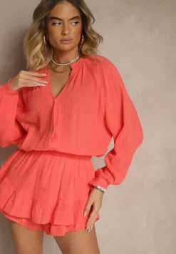 Czerwony Kombinezon z Bawełny ze Spódnico-Spodenkami i Guzikami oraz Gumką w Talii Vimatthea