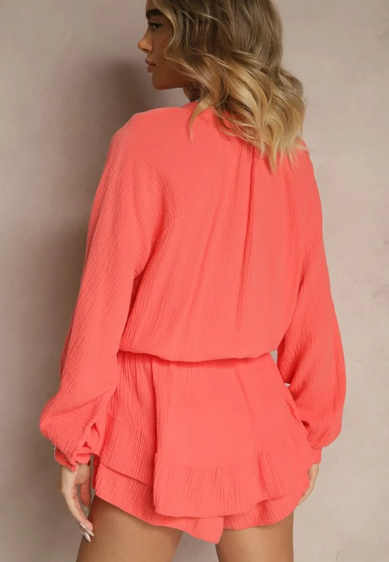 Czerwony Kombinezon z Bawełny ze Spódnico-Spodenkami i Guzikami oraz Gumką w Talii Vimatthea