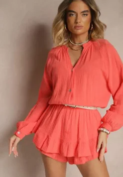 Czerwony Kombinezon z Bawełny ze Spódnico-Spodenkami i Guzikami oraz Gumką w Talii Vimatthea