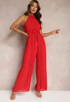 Czerwony Kombinezon z Dekoltem Typu Halter i Gumką w Talii Zolefia