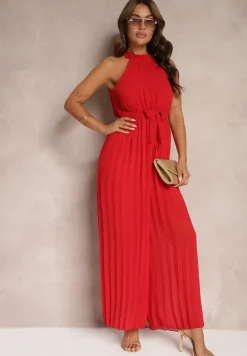 Czerwony Kombinezon z Dekoltem Typu Halter i Gumką w Talii Zolefia