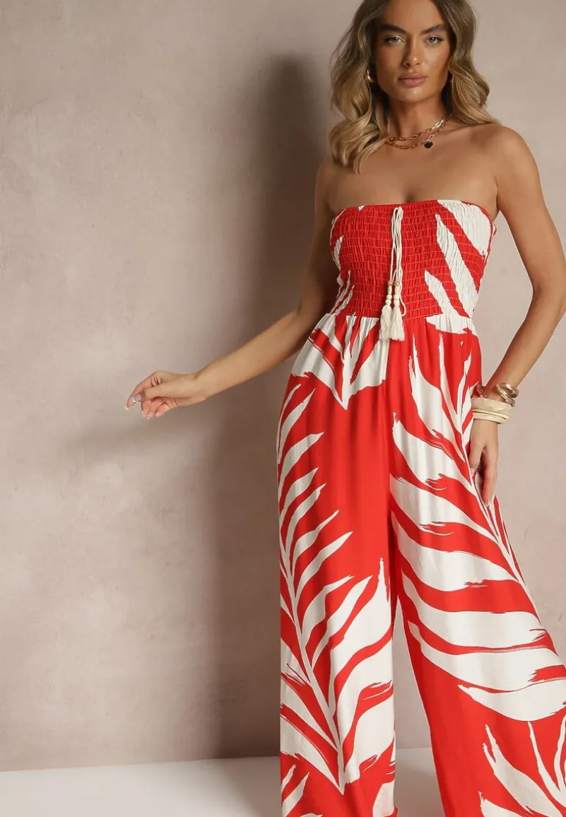 Czerwony Kombinezon z Lnem Wiskozą i Motywem LIści Fevanae