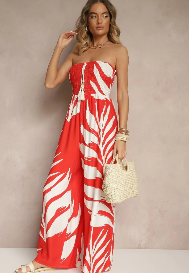 Czerwony Kombinezon z Lnem Wiskozą i Motywem LIści Fevanae