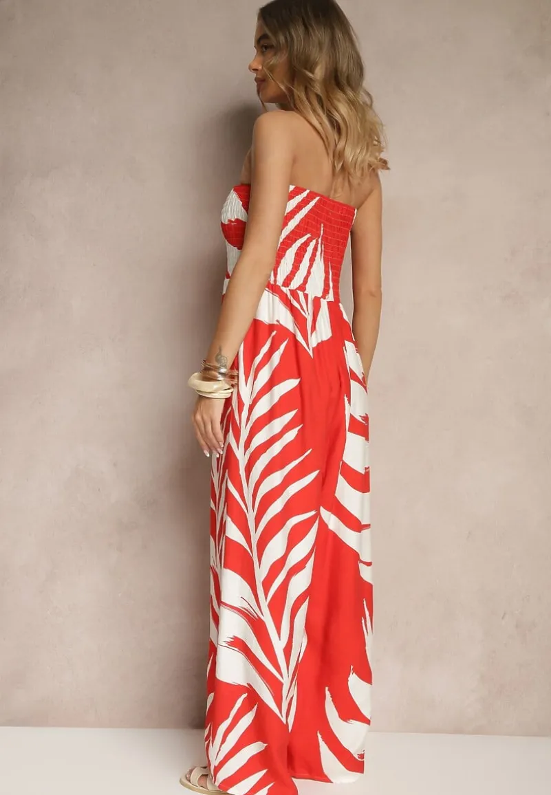 Czerwony Kombinezon z Lnem Wiskozą i Motywem LIści Fevanae