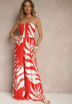 Czerwony Kombinezon z Lnem Wiskozą i Motywem LIści Fevanae