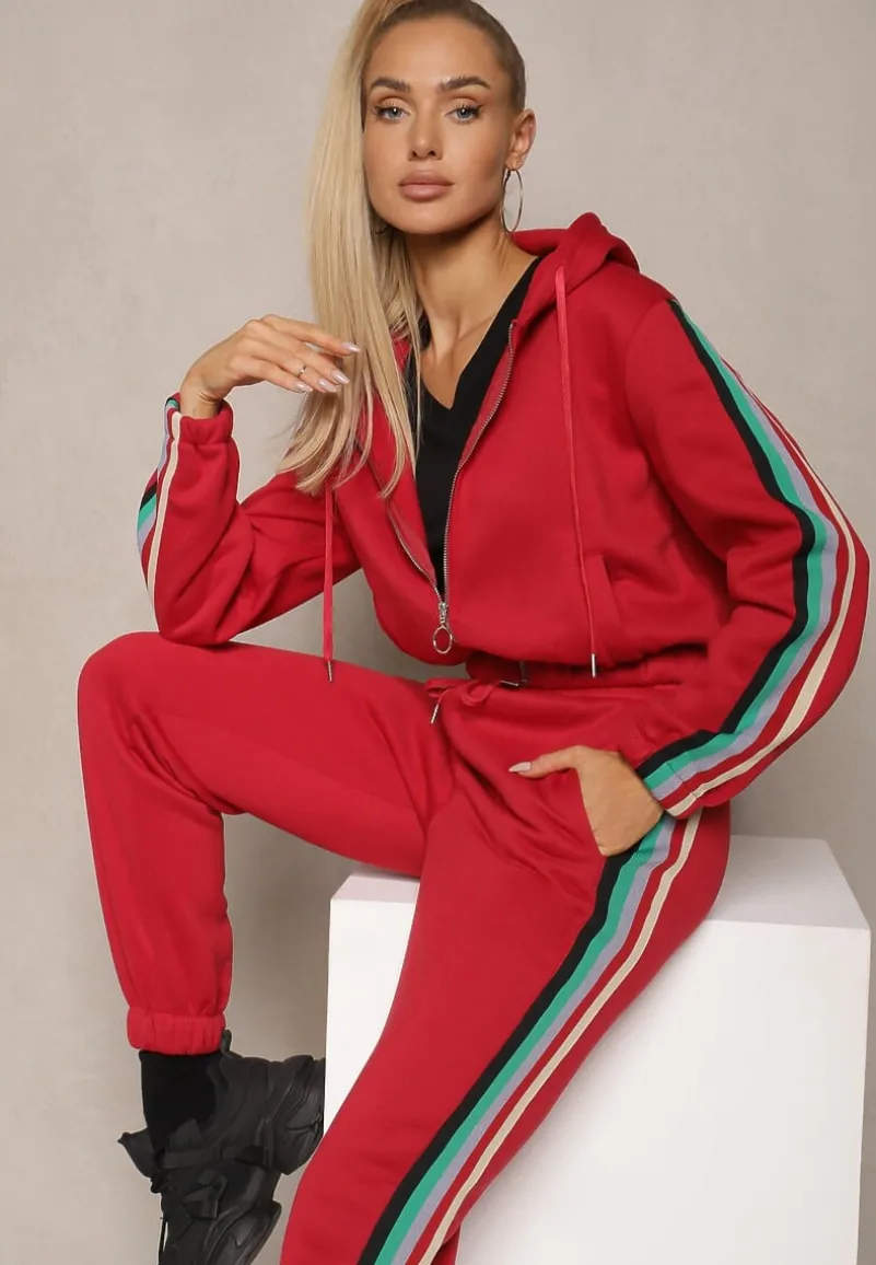 Czerwony Komplet Dresowy z Kolorowym Lampasem Bluza z Kapturem i Spodnie Joggery Nevarielles