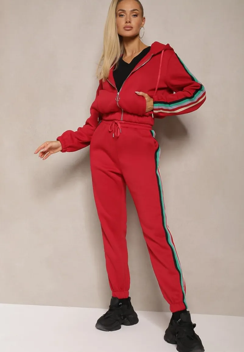 Czerwony Komplet Dresowy z Kolorowym Lampasem Bluza z Kapturem i Spodnie Joggery Nevarielles