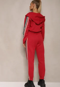 Czerwony Komplet Dresowy z Kolorowym Lampasem Bluza z Kapturem i Spodnie Joggery Nevarielles