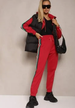 Czerwony Komplet Dresowy z Kolorowym Lampasem Bluza z Kapturem i Spodnie Joggery Nevarielles