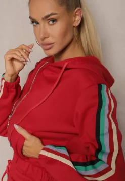 Czerwony Komplet Dresowy z Kolorowym Lampasem Bluza z Kapturem i Spodnie Joggery Nevarielles