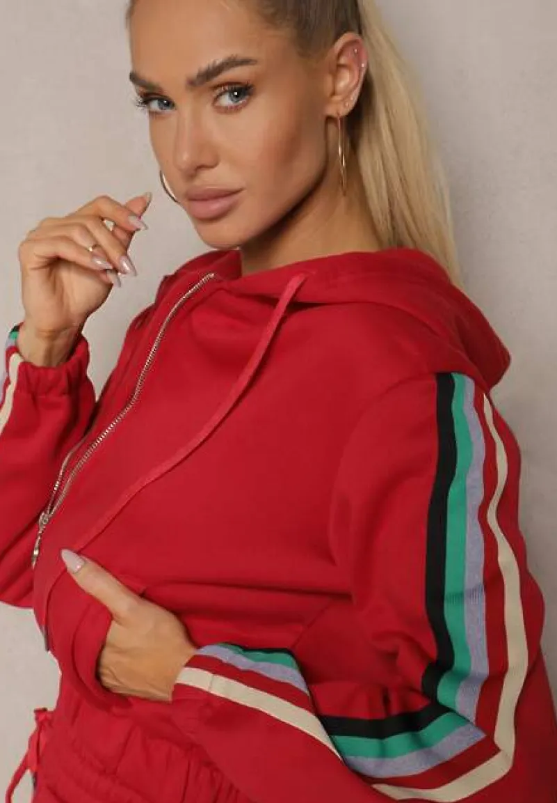 Czerwony Komplet Dresowy z Kolorowym Lampasem Bluza z Kapturem i Spodnie Joggery Nevarielles