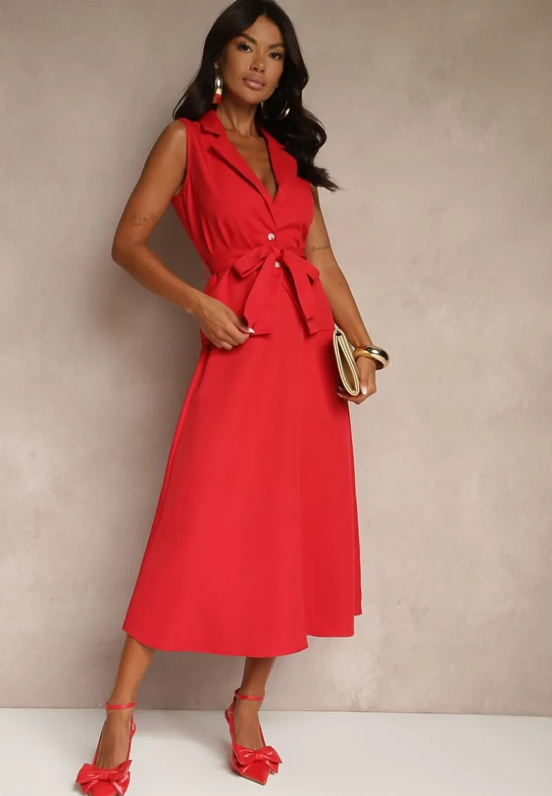 Czerwony Komplet Garniturowy z Wiskozą Spódnica i Kamizelka Ozdobiona Paskiem Dolleira