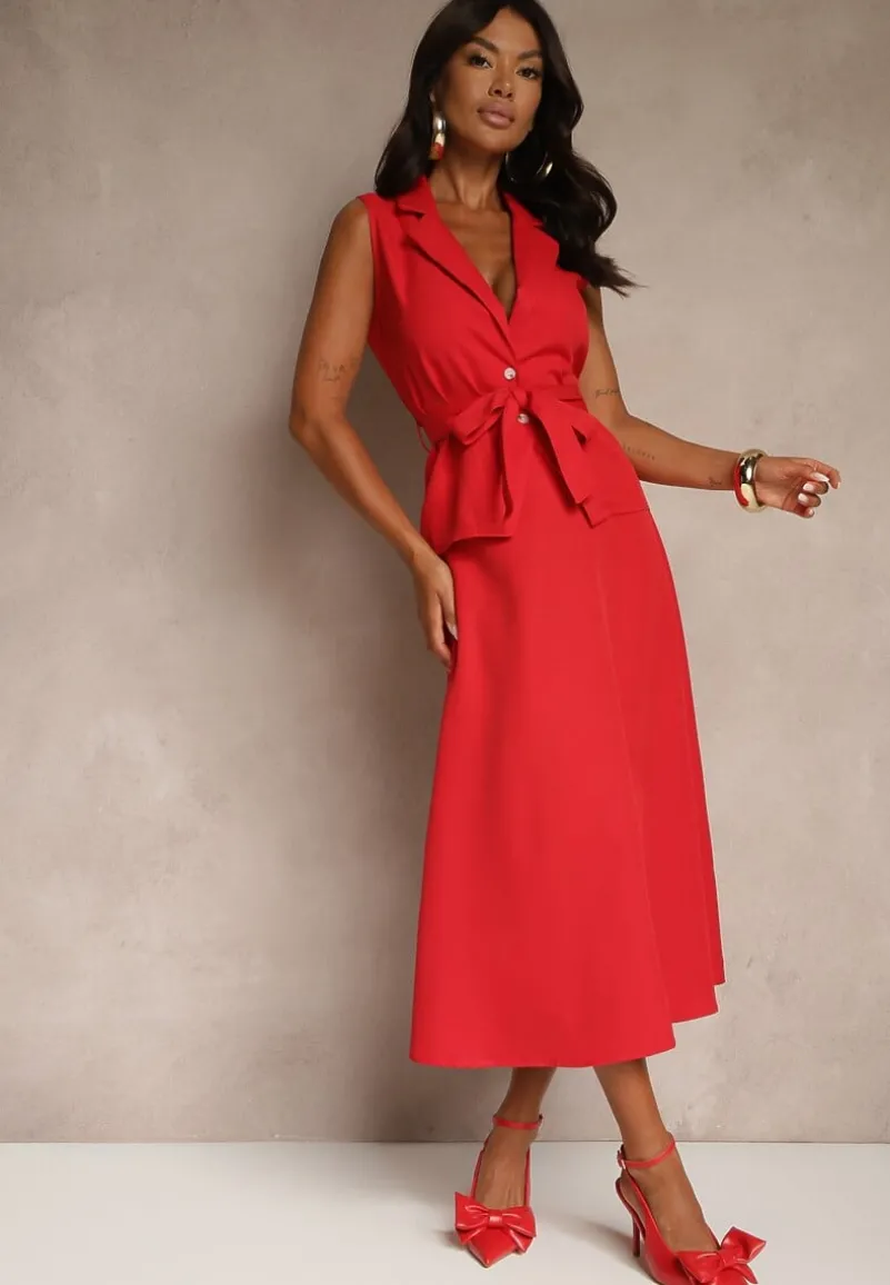 Czerwony Komplet Garniturowy z Wiskozą Spódnica i Kamizelka Ozdobiona Paskiem Dolleira