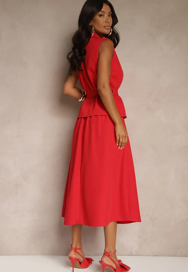 Czerwony Komplet Garniturowy z Wiskozą Spódnica i Kamizelka Ozdobiona Paskiem Dolleira