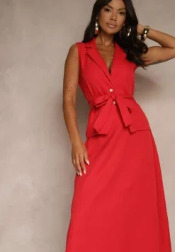 Czerwony Komplet Garniturowy z Wiskozą Spódnica i Kamizelka Ozdobiona Paskiem Dolleira