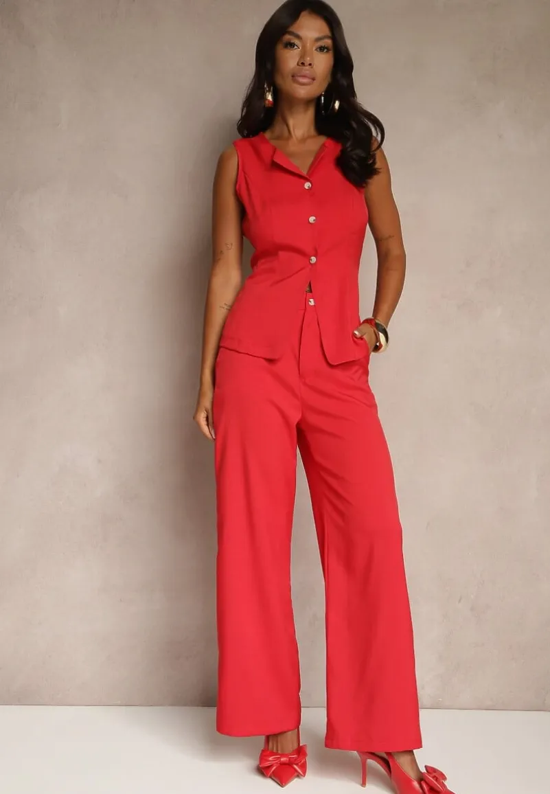 Czerwony Komplet o Garniturowym Kroju Spodnie Wide Leg i Taliowana Kamizelka Nalinise