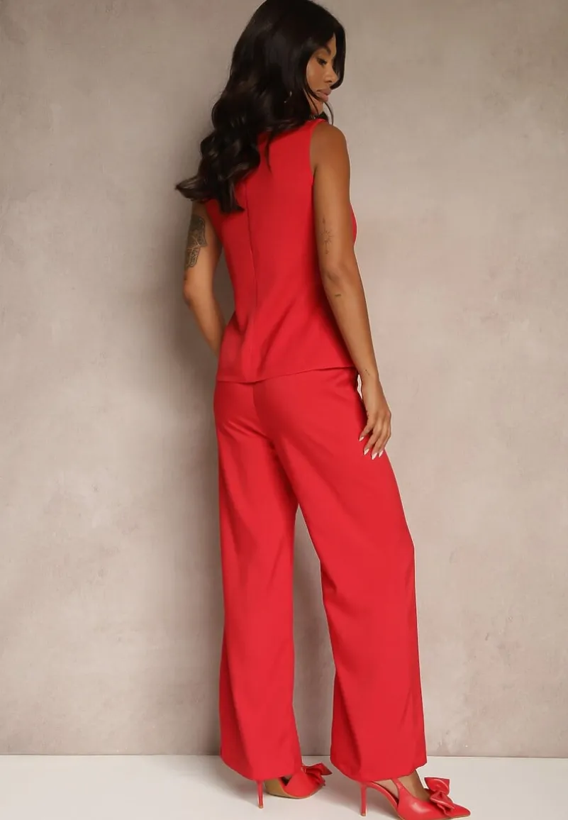 Czerwony Komplet o Garniturowym Kroju Spodnie Wide Leg i Taliowana Kamizelka Nalinise