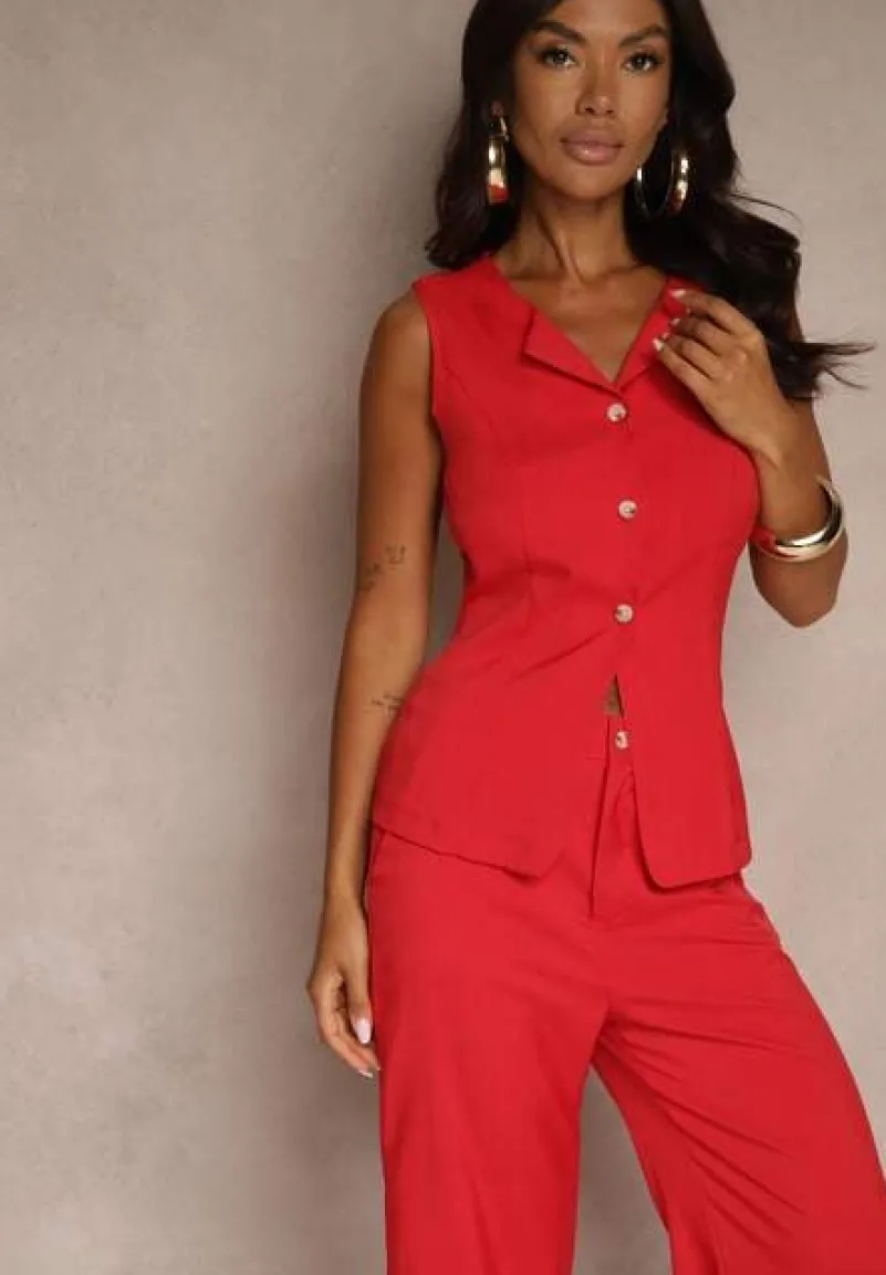 Czerwony Komplet o Garniturowym Kroju Spodnie Wide Leg i Taliowana Kamizelka Nalinise
