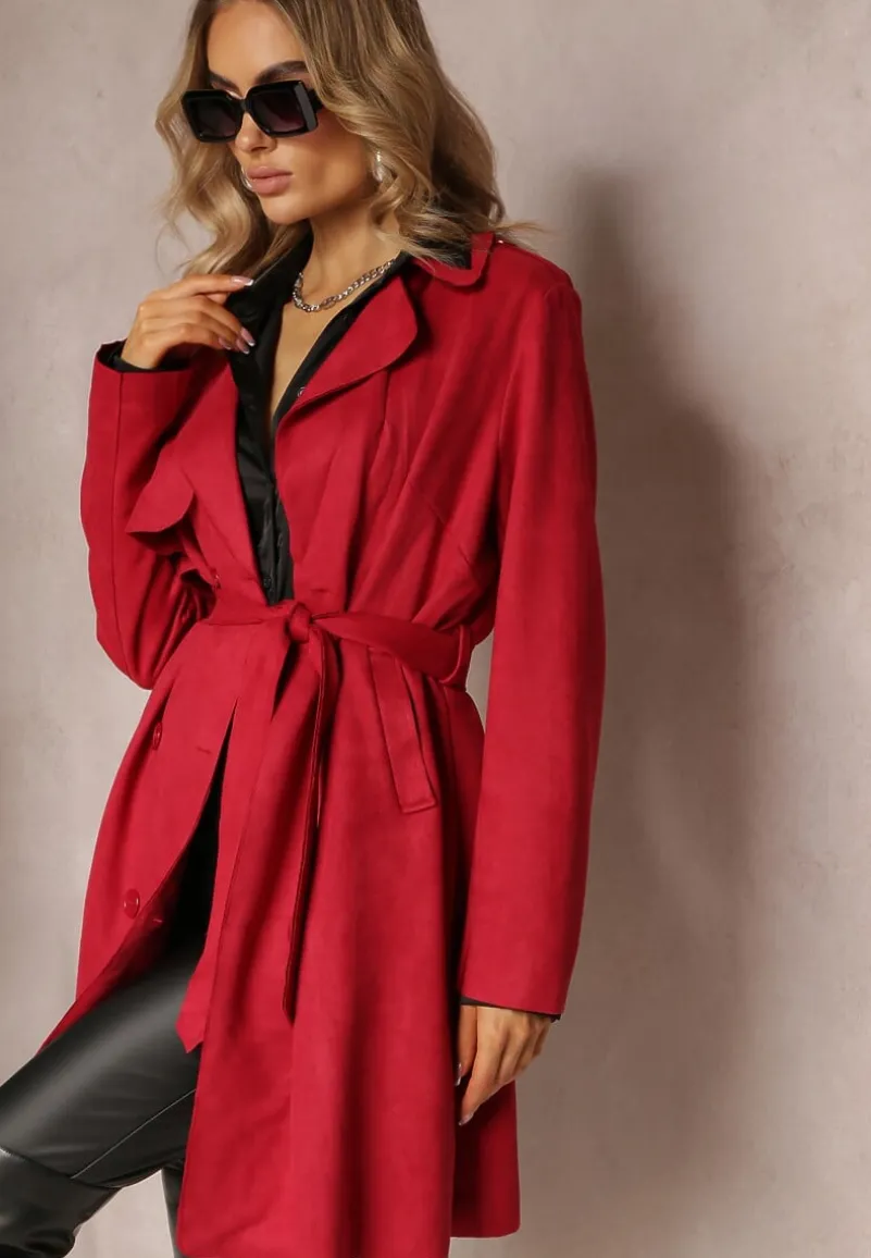 Czerwony Płaszcz z Guzikami i Paskiem Michellas