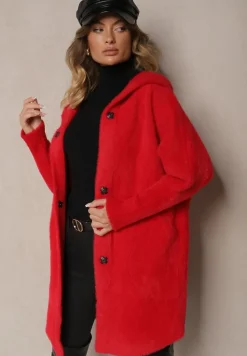 Czerwony Płaszcz z Wełną Wiskozą i Kapturem Zapinanym na Napy Lemizia