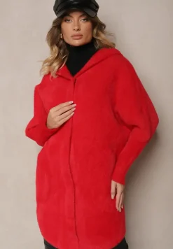 Czerwony Płaszcz z Wełną Wiskozą i Kapturem Zapinanym na Napy Lemizia