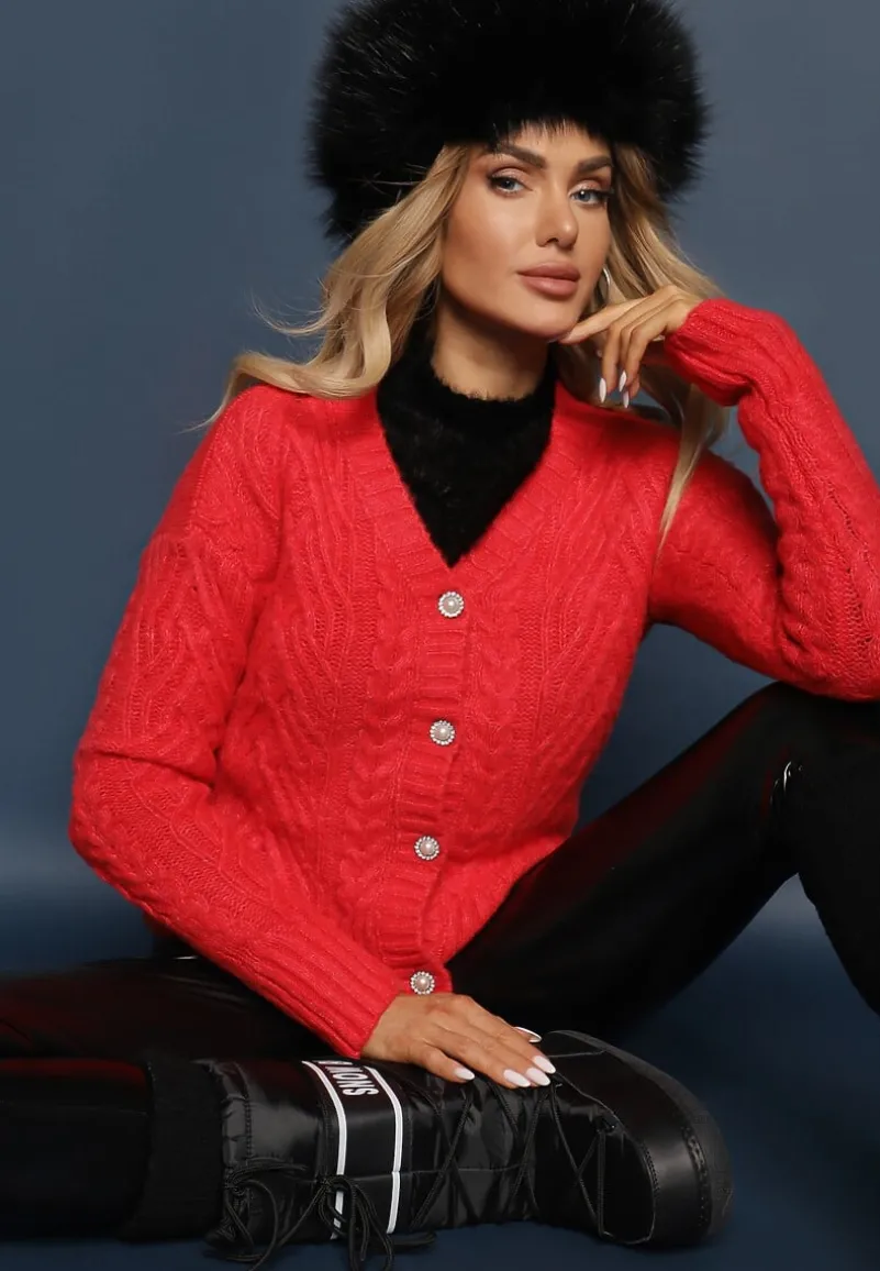 Czerwony Rozpinany Kardigan z Guzikami Tormella